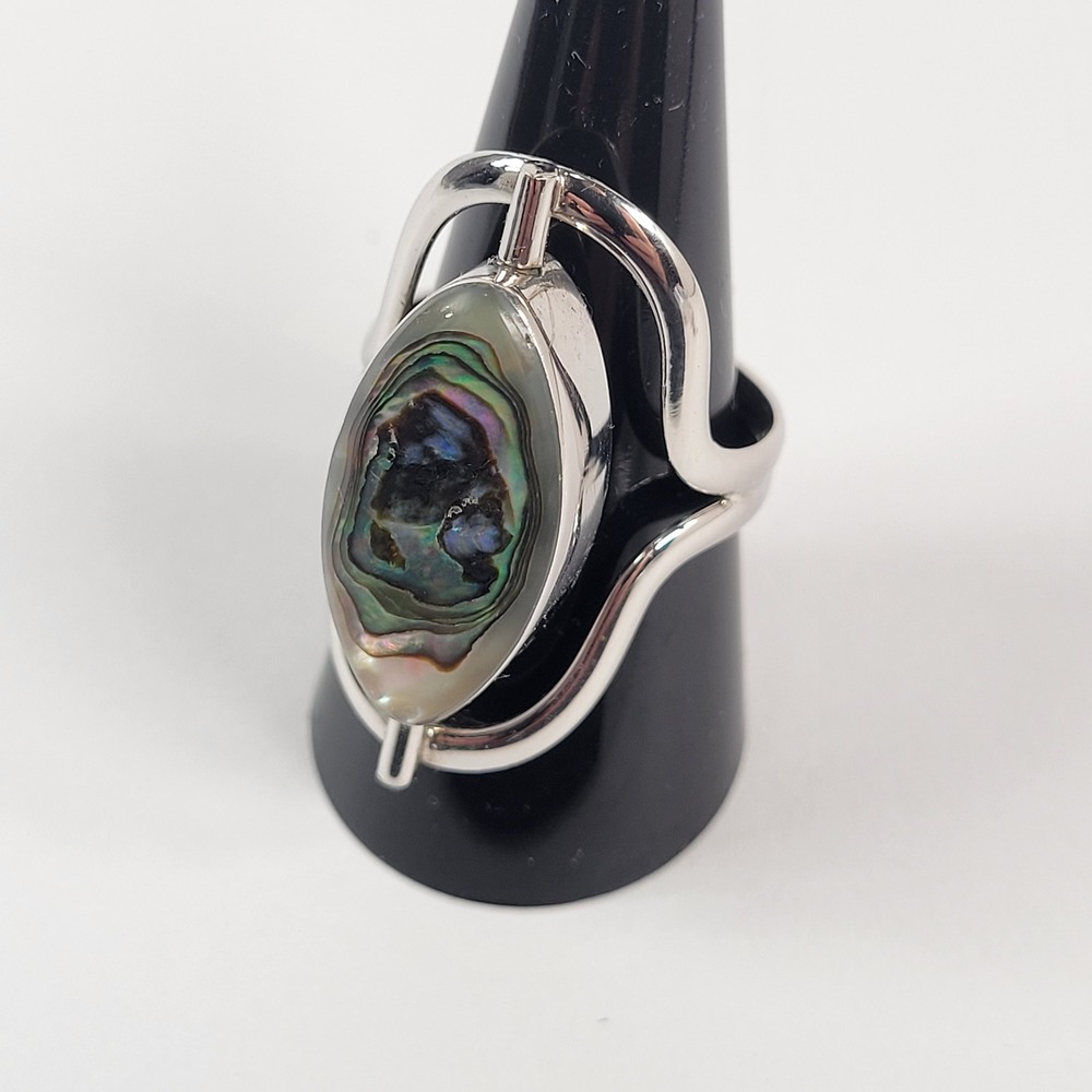 Vintage Mexico 925 Ring Sterling Silver Spinner Abalone &‎ Floral Resin Sz 11.25 - Picture 3 of 12